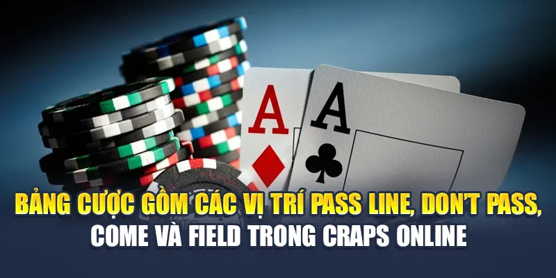 Trải Nghiệm Craps Online Siêu Hot Tại Nhà Cái Uy Tín M88 3 Bảng cược gồm các vị trí Pass Line, Don’t Pass, Come và Field trong Craps online